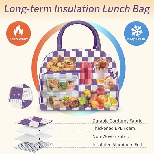 Coobiiya Lunch Bag Lunch Box for Women Men, Cute Corduroy Lunch Tote Bags Insulated Reusable LunchBox Large Capacity Cooler Bag for Work Travel Picnic Purple