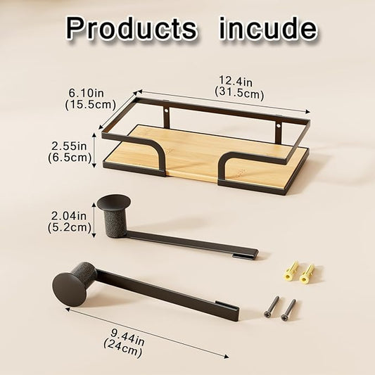 Ironing Board Hanger Wall Mount with Natural Wood-Texture Shelf, Adjustable Iron Board Holder for T & Y Leg Boards, Heavy Duty Laundry Room Organization and Storage Rack, Black