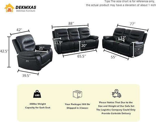 Power Reclining Sofa, Living Room Funiture Sets, Black PVC Breathing Leather Power Recliner Sofa Set with 5 Recliner Seats/Storage Console/Cup Holders/LED Light/USB Port for Living Room,Office