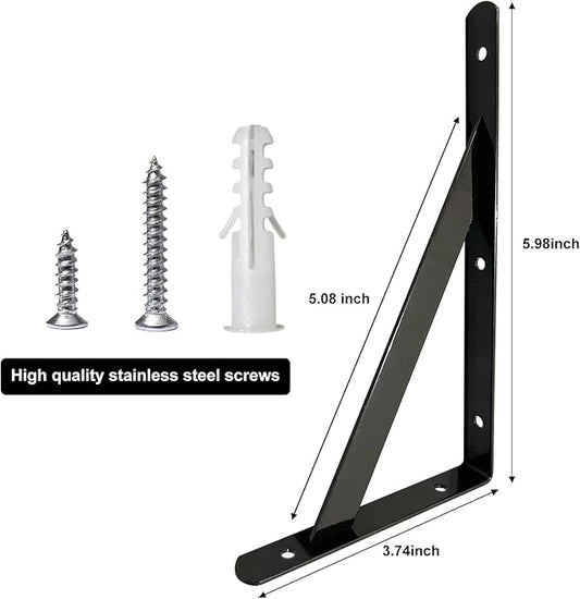 Shelf Brackets 6 x 4 Inch, for 5 8 10 12 16 20 Inch Heavy Duty Brackets 2 Pack, Black Powder-Coated Small Shelf Brackets Wall Mount Steel Bracket Wall Brackets
