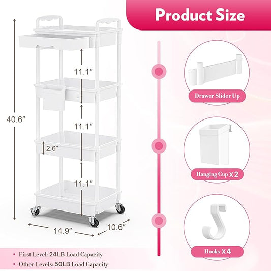 Makeup Cart Organizer with Drawers, 4 Tier Floor Skincare Organizers for Vanity, Rolling Makeup Bathroom Storage Cart Cosmetics Display Cases for Skin Care Perfume Nail Polish, White