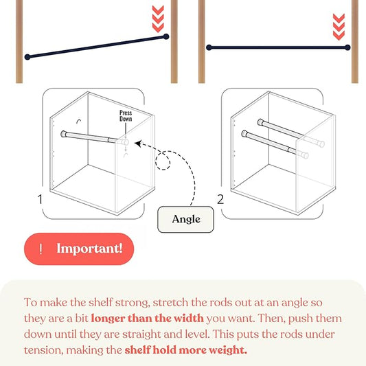 Tension Rod Shelving Expandable Closet Tension Shelf Storage Rack - No Drill Cabinet Tension Rod Shelf for Closet No-Slip | Shelves for Cabinet (NO Screw Installation)