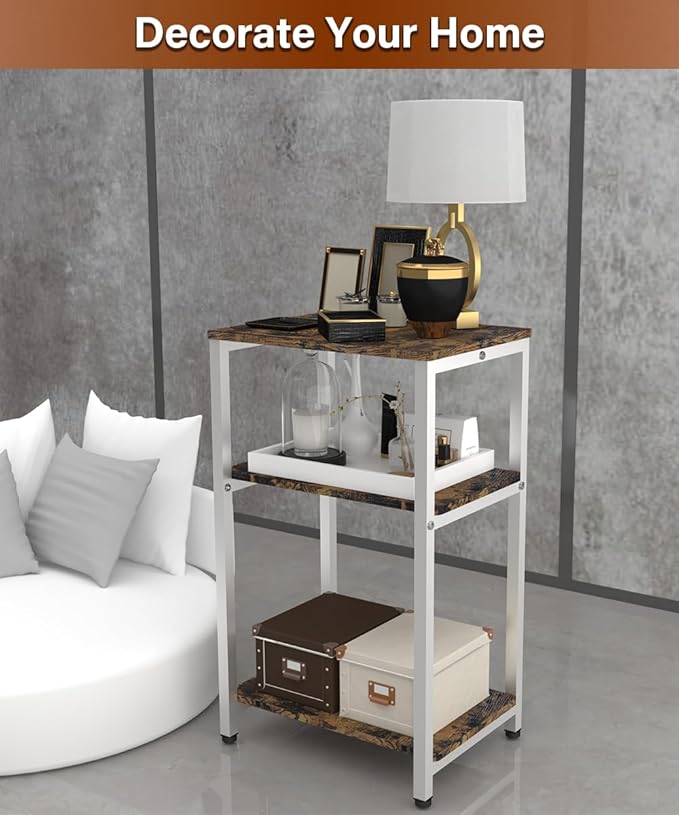 3 Tier Side Table, Heavy Duty End Table with Shelves, Narrow Nightstand Table for Small Spaces, Record Player Table for Bedroom, Living Room, Sofa Couch - Rustic Brown & White