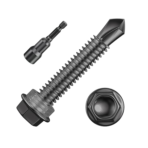 (250Pcs)#12×1-1/4" Black Hex Washer Head Self Drilling Screws, 410 Stainless Steel Metal SheetScrews,TEK Screws, Sheet Metal Self Tapping Screws