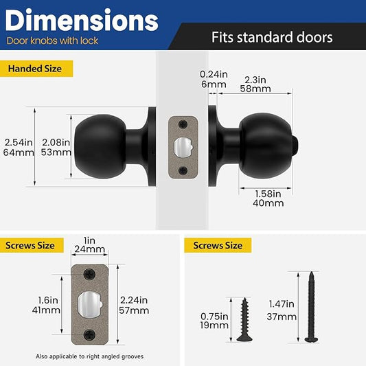 Matte Black Door Knobs with Lock and Key,Exterior and Interior Door Lock for Bedroom, Entry Door Handle for Front Door, Not Keyed Alike, 3 Pack