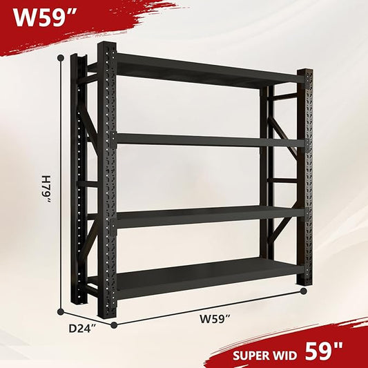 5000lbs Garage Shelving Heavy Duty, 4-Tier Metal Adjustable Garage Shelves, Storage Shelves for Warehouse, Pantry, Basement, 59" W X 24" D X 79" H (Black, 59x24x79)