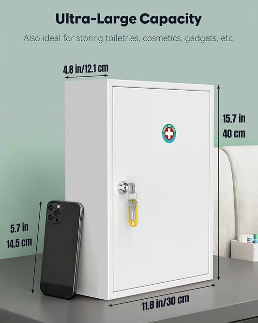 Uniclife Wall Mount Medicine Cabinet with Key Lock, Locking First Aid Cabinet, Lockable Medical Cabinet, Large Capacity Medicine Organizer, Secure Steel Wall Cabinet Metal Storage Box, White