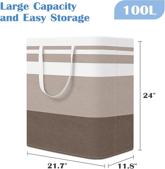 BlissTotes 3-Pack Laundry Basket, Freestanding&Waterproof Laundry Hamper, Collapsible Tall Clothes Hamper with Easy Carry Handles for Clothes, Towels in the Family and Dorm,Gradient Khaki,100L