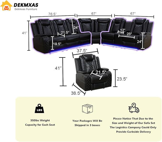 Power Reclining Sectional Sofa, Leather Power Recliner Sofa Set for Living Room, Black Breathing Leather Sectional Reclining Couches Set with LED Light/Cup Holder/USB Port for Home Theater