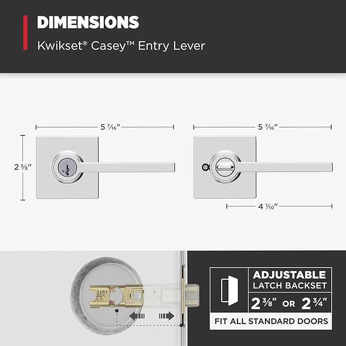 Kwikset Casey Entry Door Handle with Lock and Key, Secure Keyed Reversible Lever Exterior, Door Lock, For Front Door Entrance and Bedrooms, Polished Chrome, Pick Resistant Smartkey Rekey Security