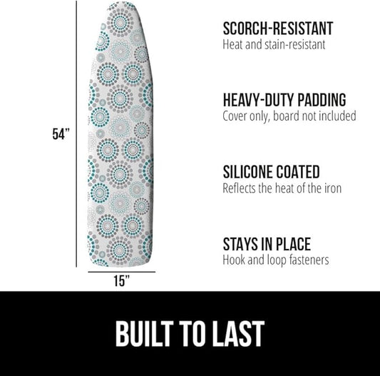 GORILLA GRIP The Original Ironing Board Cover and Pad, Silicone Coating, Thick Scorch Resistant Padding, Heavy Duty Iron Covers Standard Boards, Hook and Loop Fastener Strap, Spiral Turquoise, 15x54