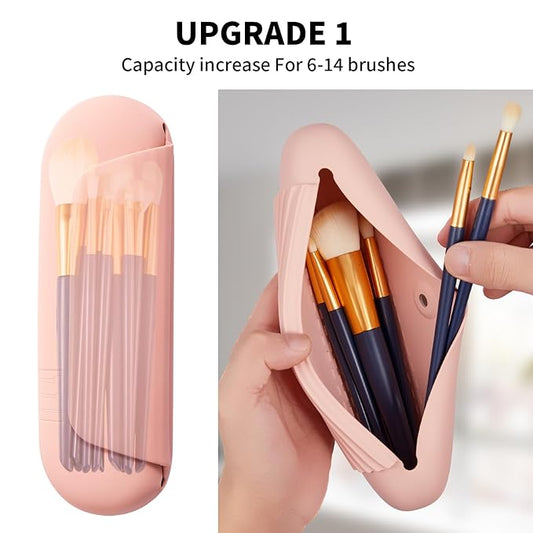 Silicone Makeup Brush Holder Travel Cosmetic Bag:Soft Portable Cosmetic Face Brushes Holder with Upgrade Anti-Fall Out Magnetic Closure, Large Travel Makeup Brush Case - Pink Sand