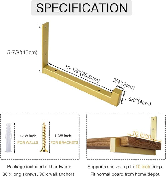 OVOV 6 Pack Heavy Duty Shelf Brackets Wall Mounted Industrial Farmhouse Floating Shelf Brackets with Lip (Gold 10")
