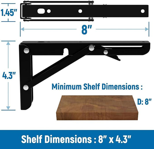 LEOPO 8 inch Folding Shelf Brackets-2 Pack Foldable Heavy Duty Triangle Collapsible Wall Mounted Brackets for Fold Down Table, Space Saving for Bench Table with Screws, Black