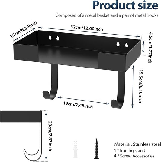 Ironing Board Holder, Wall Mount Ironing Board Hanger, Stainless Steel Iron Board Holder, Multipurpose Ironing Board Rack with Shelf and Removable Hooks, Storage Organization for Laundry Room Bathroom