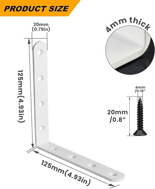 Alise 4 PCS L Brackets Heavy Duty Corner Bracket, 5 X5 Inch White Floating Shelf Brackets for Shelves, Stainless Steel L Shape Wall Mounting Brackets, Metal L Joint Angle Bracket for Wood Shelving