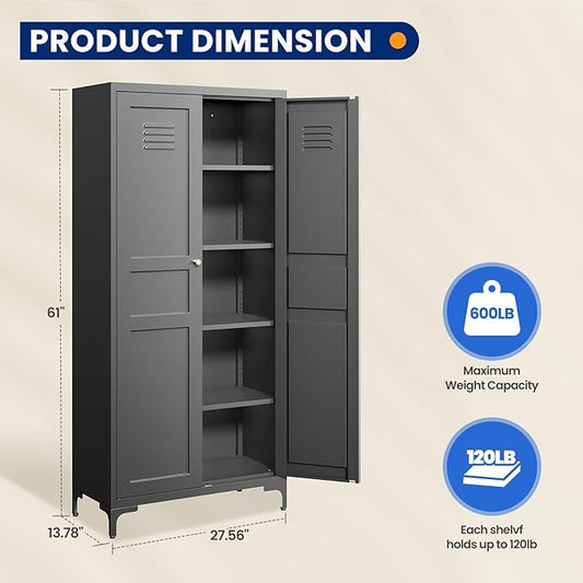 MIIIKO Storage Cabinet with Doors, Metal Pantry Cabinet, Tall Kitchen Storage Cupboard with 4 Shelves, Freestanding Cabinet for Laundry Room, Garage and Bathroom