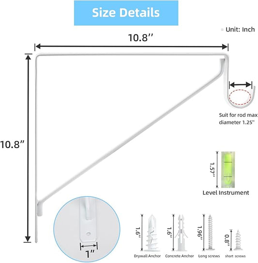 4-Pack Closet Rod Bracket, 10.8x10.8Inch Closet Shelf Brackets Heavy Duty Wall Mounted, Matte White Steel Closet Rod Support Brackets Holder, 300 Lbs Load Capacity with Anchors Screws