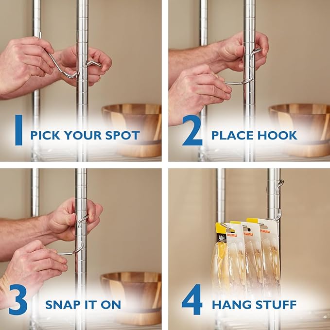 Shelf Pole Hooks 5-Pack | 4" Chrome J Hooks for 1-Inch Poles ONLY | Heavy-Duty Snap-On Hooks for Wire, Metal & Metro Shelving | Garage, Kitchen & Home Storage