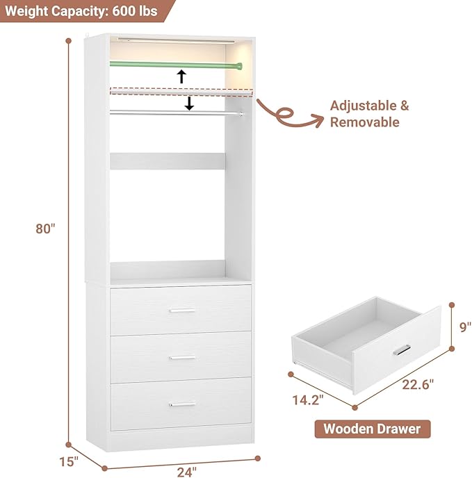 2FT Closet System with 3CCT Sensor Light, 24" Closet Organizer with 3 Wooden Drawers, Closet Systems with Hanging Rod & Top Storage, Small Closets Wardrobe for Walk-in Closets, White