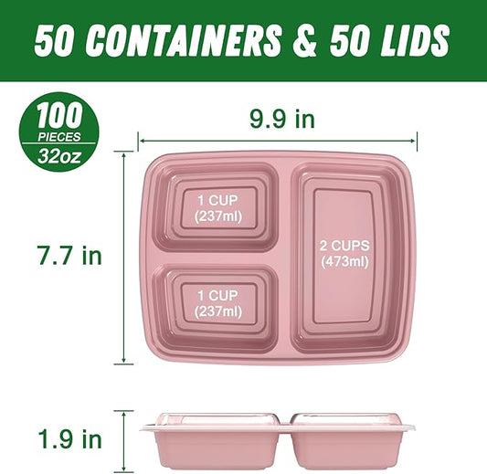 50 Pack (100-Piece) 32 oz Meal Prep Containers Reusable with Lids 3-Compartment, To Go Take Out Plastic Food Storage Containers, Sturdy Leakproof Food Safe, Microwave Freezer Dishwasher Safe, Pink