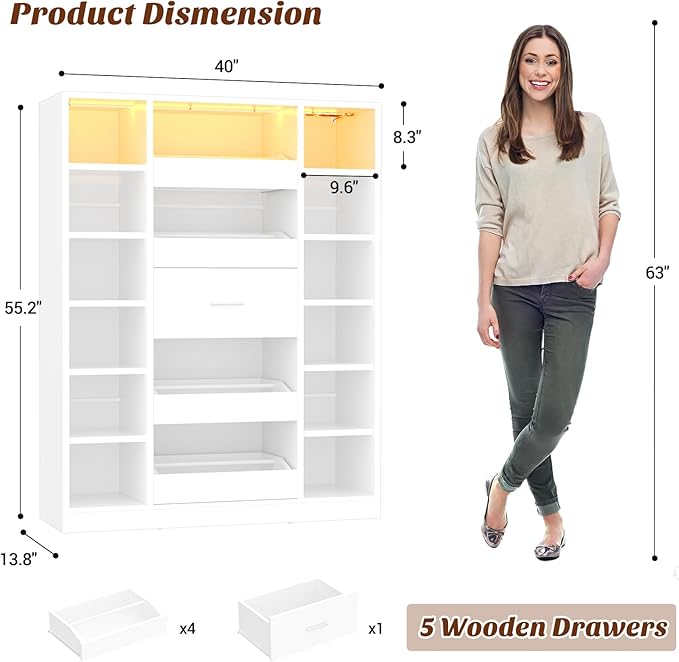 40" Closet System with LED Lights, Wooden Closet Organizer System with 5 Drawers & 12 Shelves, Versatile Closet Storage Tower for Walk-in Closets, Shoe Rack and Handbag Storage Cabinet, White
