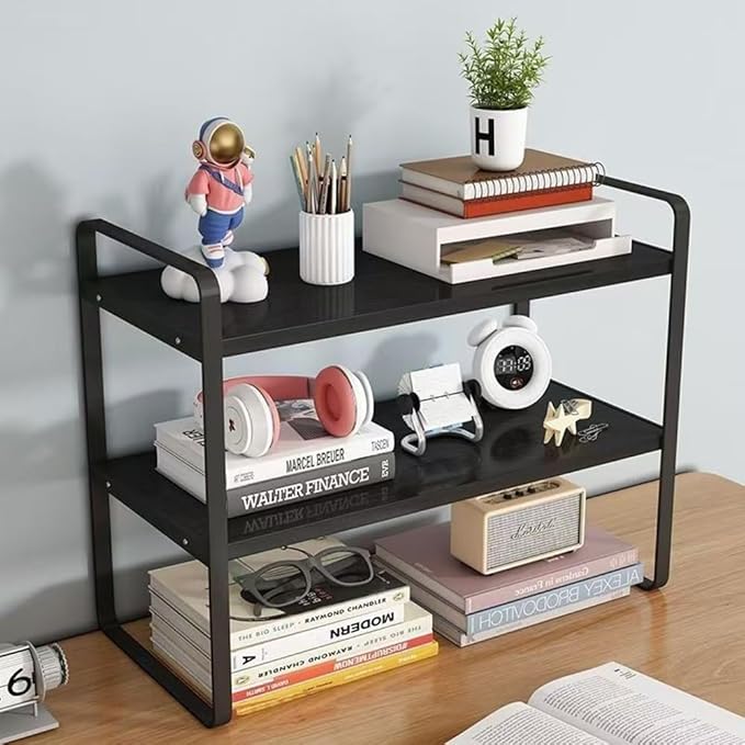 Hbluefat Desktop Organizer Shelf, 2-Tier Multipurpose Tabletop Storage Bookshelf, Small Wooden Countertop Storage Rack for Home Office Kitchen (Black+Black)