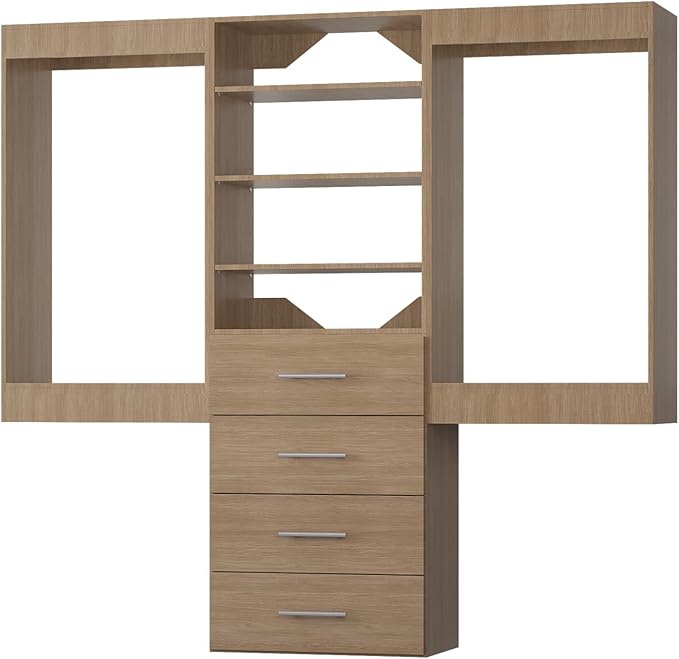 ROOMTEC Modular Closet System, 78" Wall-Mounted Closet Organizer with Drawers and Hanging Rods, Wooden Tower for Walk-In Closets, Wardrobe Storage Kit, Wood
