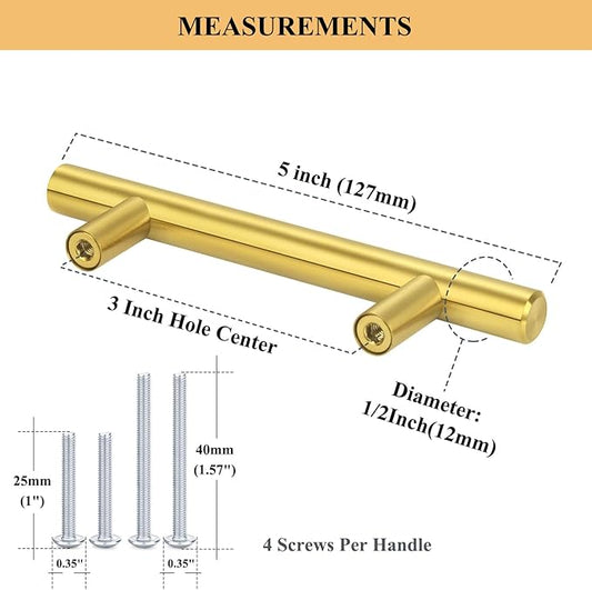 30Pack 3''Hole Centers Gold Cabinet Handles-Brushed Brass Cabinet Pulls Gold Dresser Drawer Pulls-Stainless Steel Door Hardware for Kitchen Bathroom Bedroom Furniture-5''Overall Length