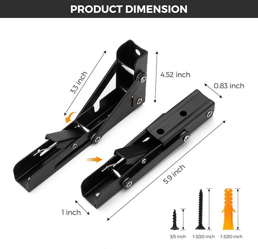 JOY DECOR 6 Inch Heavy Duty Folding Shelf Brackets, 4 Pack (2 Pairs) Collapsible Wall Mounted Brackets for Fold Down Table, Stainless Steel Folding Table Hinge, Matte Black