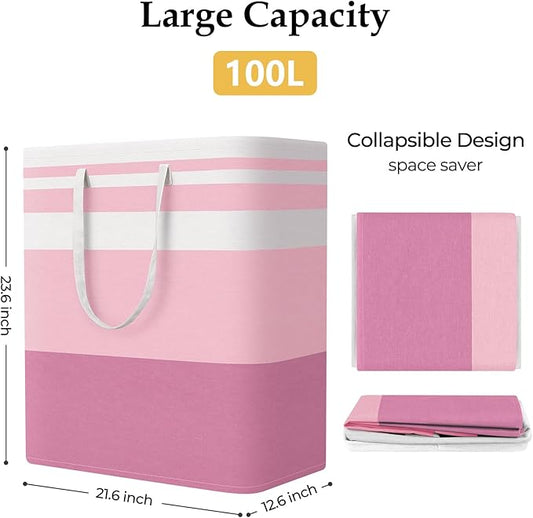 StorageRight Large Collapsible Laundry Basket Hamper with Easy Carry Handles,Freestanding Clothes Hampers for Laundry, Bedroom, Dorm, Towels, Toys, 100L, Pink