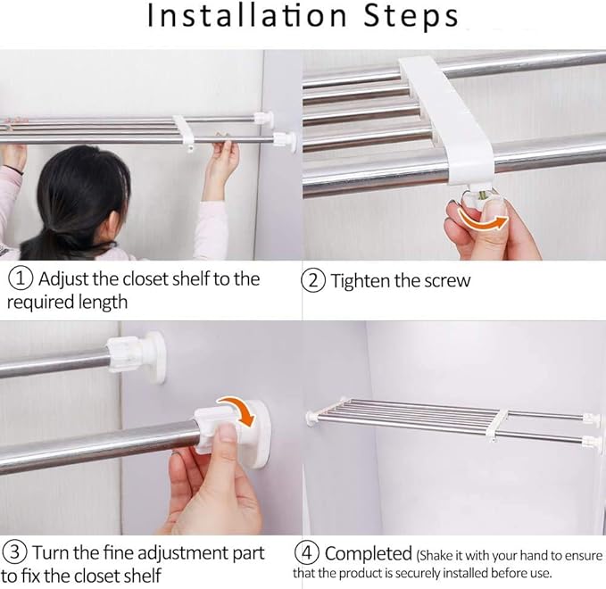 BAOYOUNI Tension Closet Shelf Heavy Duty Organizer Rack Stainless Steel Expandable Storage Shelves Rod Ivory, 39.76-60.04 Inch