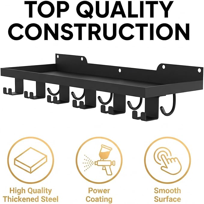 Floating Shelf Organizer Compatible with Tonal Accessories,16.9x6Home Gym Weight wall Storage Equipment Hanger, Metal Rack Holder Wall Mount with 5 T-Lock Brackets & Hooks Hanger (Black)