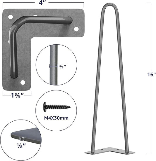SMARTSTANDARD 16 Inch Heavy Duty Hairpin Furniture Legs, Metal Home DIY Projects for Nightstand, Coffee Table, Desk, etc with Rubber Floor Protectors Grey 4PCS