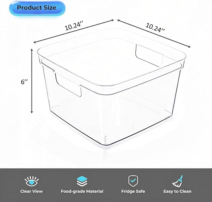 MOONEDGE 8-Pack Clear Plastic Storage Bins — Open-Top PET Containers and Organizers, 10" x 10" x 6" Storage Boxes for Pantry, Garage, Under-Shelf and Multi-Purpose Home Organization