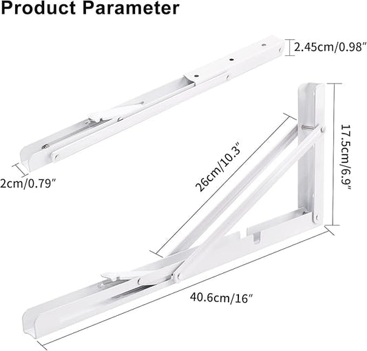 YUMORE Folding Shelf Brackets, 16 Inch Heavy Duty Collapsible Shelf Bracket, White DIY L Bracket for Workbench Folding Table Hinge, Max Load: 330lb, Pack of 2