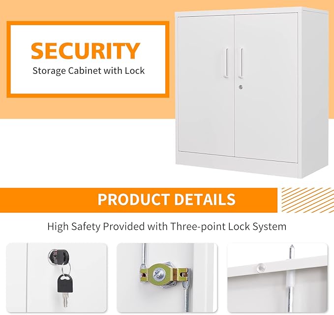 MIIIKO Metal Storage Cabinet with Locking Doors, 2-Door Locker with 2 Shelves, White Metal Cabinet with Lock for Home Office, Garage, Utility Room, Kitchen and School