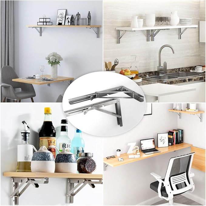 Storystore Folding Shelf Brackets - 16 Inch Heavy Duty Stainless Steel Collapsible Shelf Bracket for Bench Table, Space Saving DIY Bracket (4PCS)