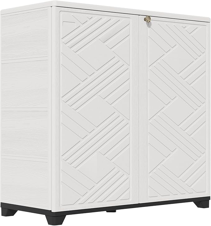 HOMSPARK Indoor/Outdoor Storage Cabinet with Doors and 2 Metal Shelves, 34”x15”x34” HDPE Plastic Storage Box for Patio, Garden, Enterway, Balcony, Multi-Purpose for Daily Tools, White