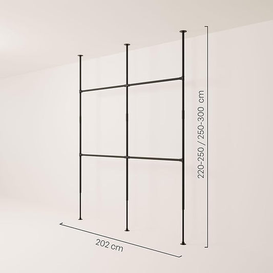 pamo Black Industrial Pipe Clothing Rack - LOFT II - Steplessly Adjustable Closet Organizer System for Ceiling Heights between 86" - 98"- Suitable as Closet Clothes Rack or Room Divider