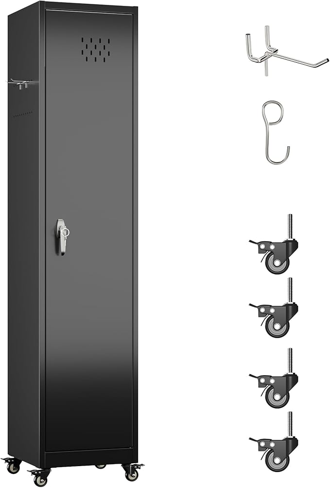Broom Closet Storage Cabinet, 72" H Garage Storage Cabinet with Wheels, Lockable Door and Hooks for Garage Cleaning Supplies Broom Mops, Black, Assembly Required