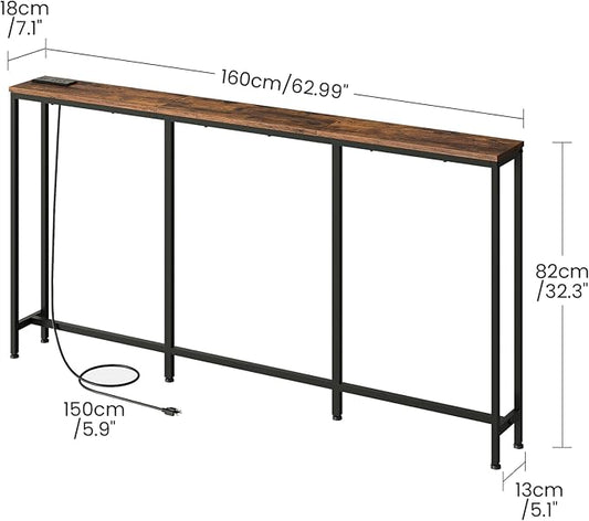 62.99" Narrow Console Table with Power Outlet 7.1" Skinny Sofa Long Behind Couch Table with Charging Station for Hallway, Living Room Rustic Brown and Black TXG16UBF