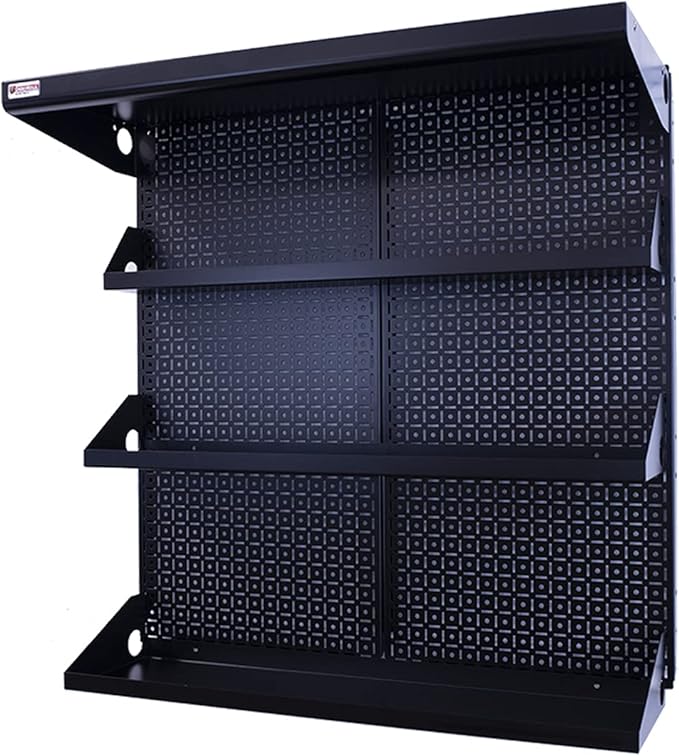 Metal Pegboard Shelving Organization System OmniWall Shelving Kit 32" x 32" Modular Pegboard- Panel Color: Black Accessory Color: Red