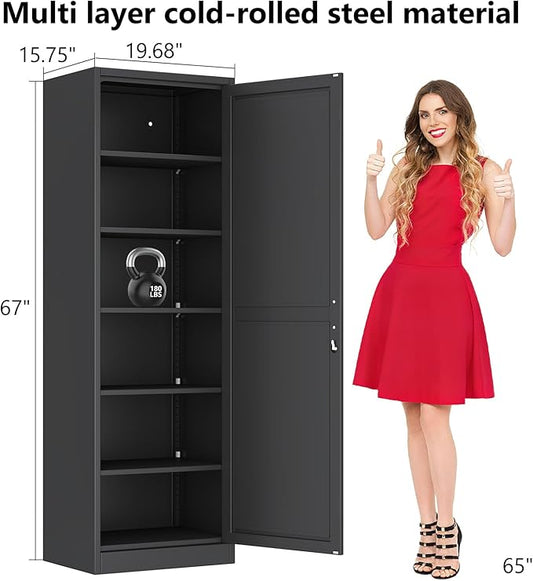 Metal Storage Cabinet with Lock and 5 Adjustable Shelves, Steel File Cabinets, Kitchen Pantry Cabinet Locker Organizer - 67" Tall Storage Cabinets for Kitchen,Bathroom,Bedroom,Office,Black