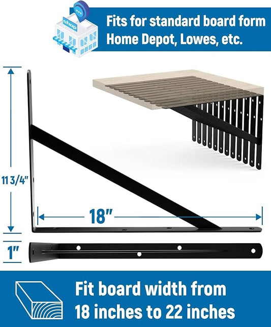 8-Pack 18 Inch Heavy Duty Shelf Brackets, Large Floating Wall Bracket for Garage Storage Shelves, Black Powder-Coated Finish, Load Capacity 800lbs