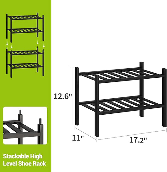 BMOSU 2-Tier Bamboo Small Shoe Rack Premium Stackable Shoe Shelf Storage Organizer for Hallway Closet Living Room Entryway Organizer (Black Bamboo)