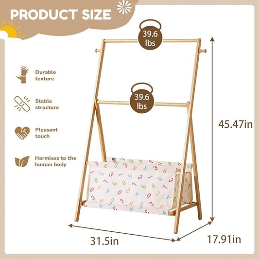Kids Clothing Rrack- Kids Dress Up Rack for Little Girls, Bamboo Kids Clothes Rack, Toddler Dress Up Storage Rack & Folding Costume Rack, Double Rods, Pets Clothes Rack with Storage, Number