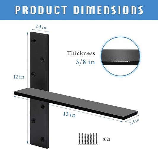 Floating Shelf Bracket 3/8" Thick Heavy Duty Shelf Brackets 4 Pack Free Hanging Countertop Support Bracket 12" Lx2.5 W Floating Wall Brackets for Cabinets, Granite, Dishwasher, Bench Seats Vanities