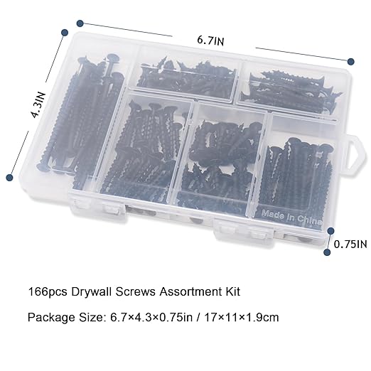High Hardness Drywall Screws Assortment Kit, 166 pcs, Coarse Thread, Phillips Drive, Black Wood Screws, Screws Assortment, Screws Set, 6 Sizes (3”,2”,1-1/2”,1-1/4”,1”,3/4”)