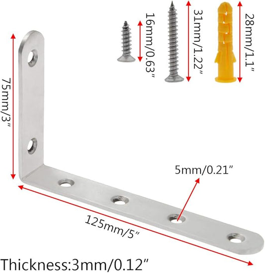 Luomorgo 16 Pcs L Shaped Brackets for Shelves - Heavy Duty Stainless Steel Decorative Corner Brace Joint Right Angle Wall Hanging Brackets with Screws, 5" x 3", Silver